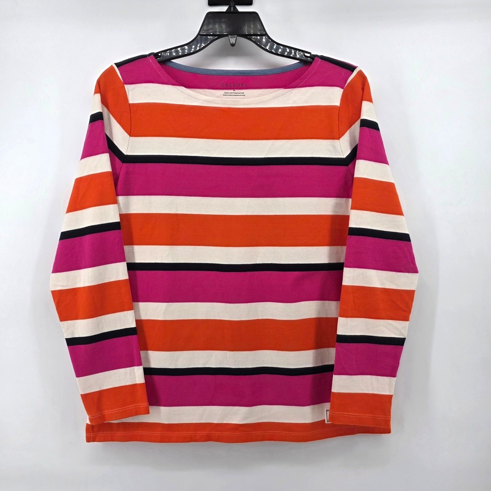 Talbots Womens Medium Pink Orange Striped Long Sleeve Cotton Boat Neck Top